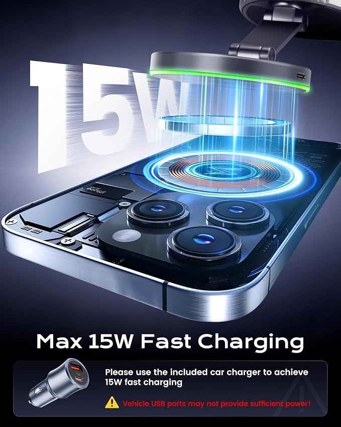 avedio links 15W Vacuum Magnetic Wireless Car Charger Mount with Adapter | 360° adjustable vacuum mount. 108+LBS suction & 3800gf magnets. 15W fast charge for iPhone 12-17 series. Adapter included - Image 2