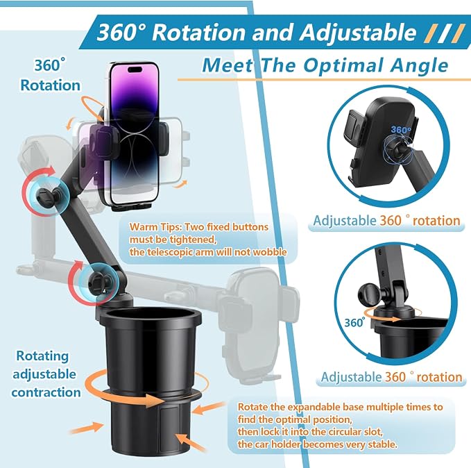 SAMPUSS 2-in-1 Phone Holders for Your Car Car Cup Holder Car Phone Holder | 360° rotation 2-in-1 function car phone mount with long arm universal smartphone phone holder car cup holder expander - Image 5