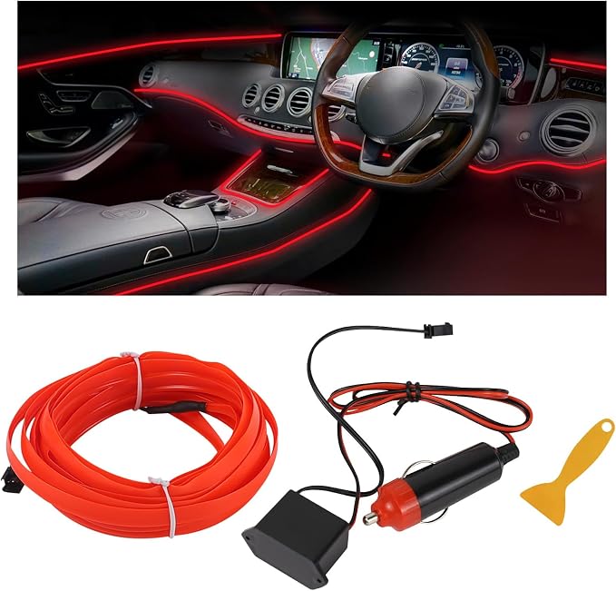 EL Wire Interior Car LED Strip Lights, 16.4FT RGB Cigarette Lighter Neon Automotive Light Strip, Electroluminescent Vehicle Ambient Lighting Kit, Interior Decoration Car Accessories (Red) by Hbxdeco