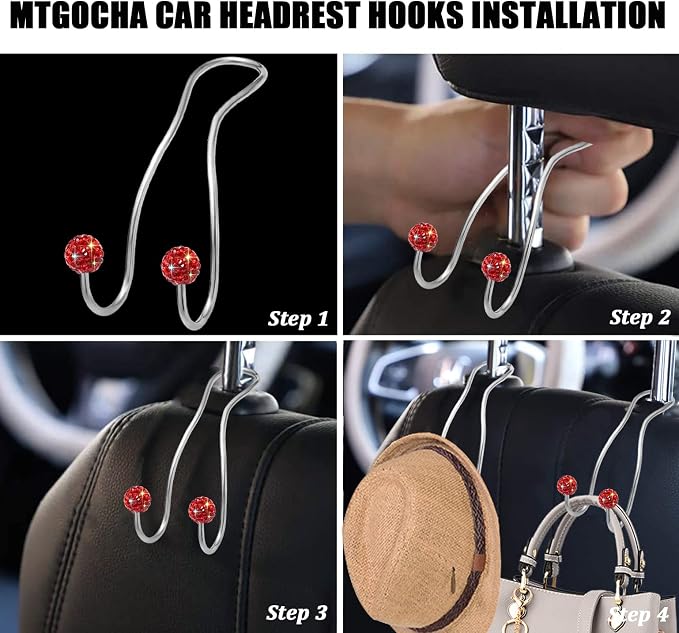 Bling Purse Hook for Car Headrest, Cute Car Seat Hooks (2Pack) | Upgraded,Durable Stainless,Car Purse Hanger,Purse holder,Rhinestones,Bag Hooks,Car Hooks for Purses and Bags Cute,Red - Image 4
