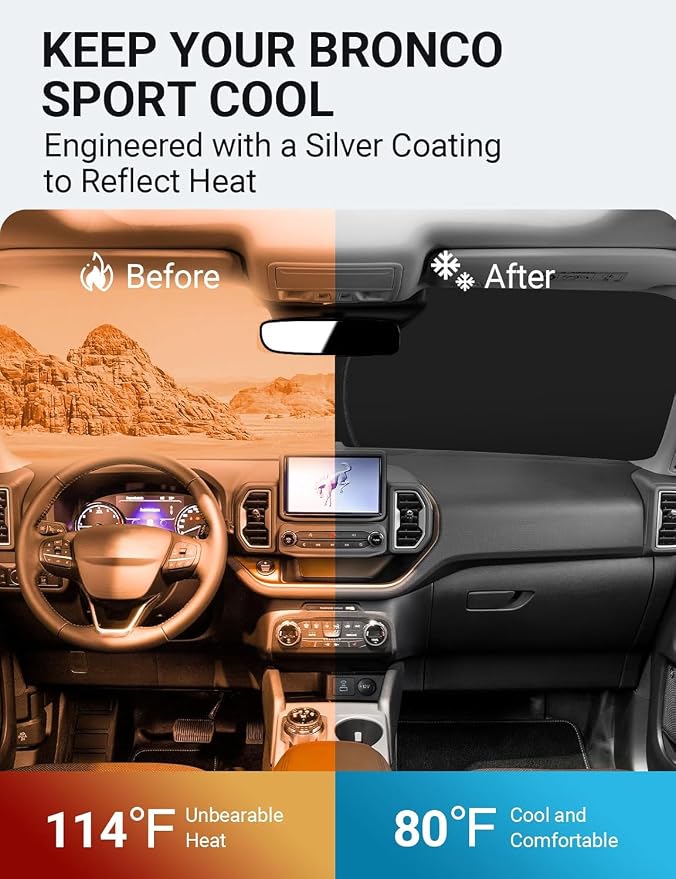 Proadsy Custom Fit Car Windshield Sun Shade for 2021-2026 Ford Bronco Sport | 240T Heat Shield, Drops Temp 54°F, Blocks 99% UV, Prevents Dashboard Cracking, Summer Parking & Beach Trips, Easy Twist-Fold - Image 3