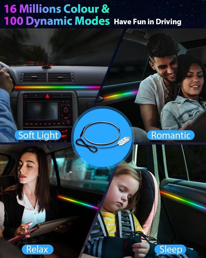 Acrylic LED Lights for Car, 43.3in RGB Interior Light Strip, 146 LEDs | USB Port, APP Control, Music Sync and Color Changing RGB Ambient Lighting for Car Interior, Gifts for Women and Men - Image 8