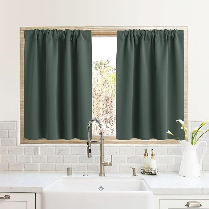 RYB HOME RV Curtains for Camper Windows, Mini Small Blackout Curtain Tiers | Thermal Insulated,Sunlight Heat Light Blocking,Privacy Portable Curtains for Travel Trailer,W34 x L24,Dark Green,2 Panels by RYBHOME