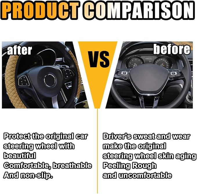 JOYCOURT 15 Inch Bling Soft Leather Car Steering Wheel Cover, Beige | Colorful Rhinestones Design, Auto Elastic Protector for Women Girls, Crystal Diamond Car Accessories for Most Cars, SUVs - Image 3