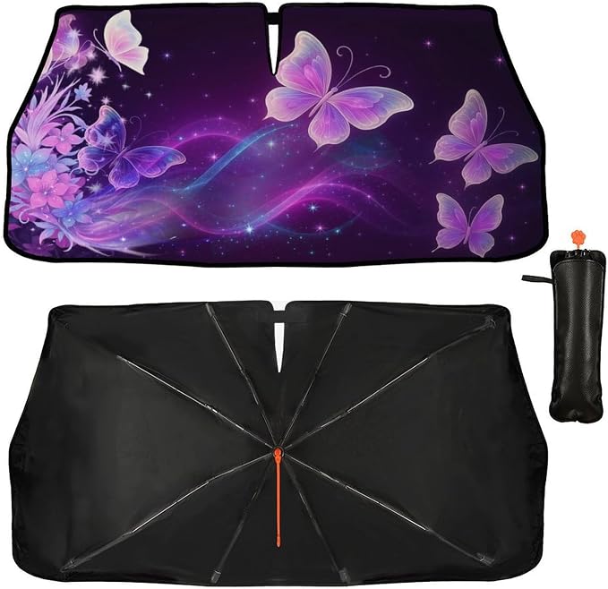 Butterfly Flowers Car Windshield Sun Shade Umbrella Bendable Handle Foldable Funny Sunshade for Car Windshield Block UV Rays Keep Vehicle Cool for Most Sedans SUV Trucks Cars 57"x30" - Image 3