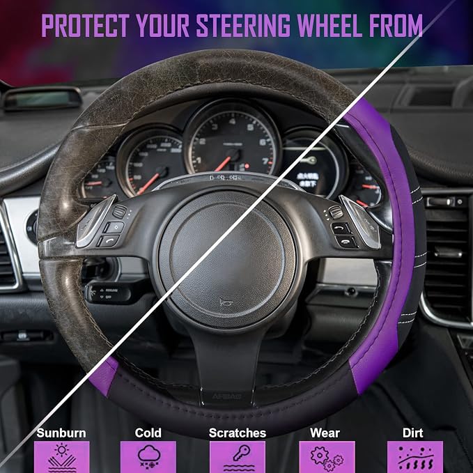 CAR PASS Line Rider Microfiber Leather Sporty 14.5-15 inch Steering Wheel Cover Universal Fits for 95% Truck,SUV,Cars, Anti-Slip Safety Comfortable Design (Black Purple) - Image 5