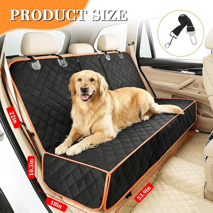 Oxford Dog Back Seat Cover with Side Flaps, Orange Border | water-resistant surface, non-slip backing, headrest straps, belt openings, fits most rear seats, interior accessories - Image 2