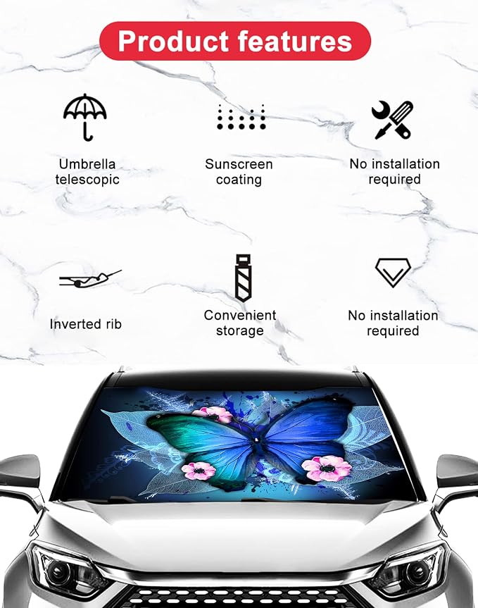 Blue Monarch Butterfly Car Windshield Umbrella,Large Size Windshield Sun Shade Umbrella for Front Windows,UV Rays and Heat Sun Visor Protector Foldable Reflector Sun Shield Fits Most Vans SUVs - Image 4