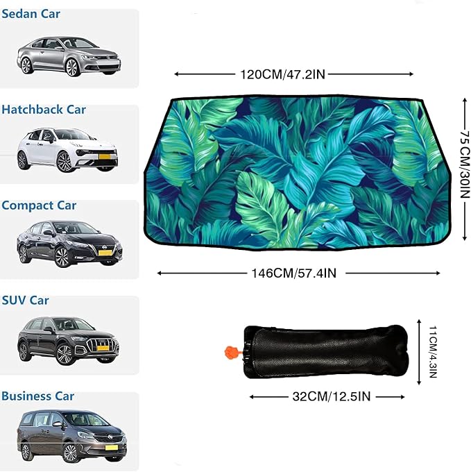 Socira Tropical Car Sun Shade Windshield Umbrella Palm Leaf Sunshade | for Green Window Shades Windshield Sun Shade Umbrella Sun Visor Leaves Car Accessories Keeps Cool 57" x 30" - Image 4