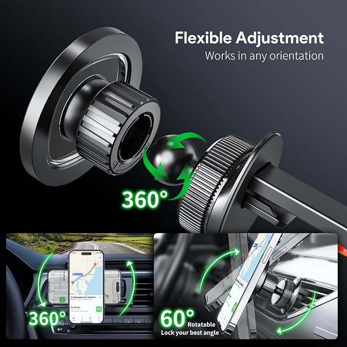 Magnetic Car Phone Mount Air Vent Holder wtih Metal Ring | Strong Magnetic Hold, Magnetic Case Compatible, Adjustable Angle, Secure Air Vent Clip, Clear Windshield View - Image 4