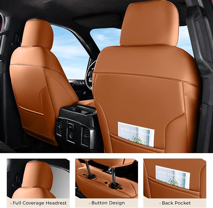 Coverado Premium Leather Full Set Seat Covers Waterproof Heavy-Duty Protectors Custom Fit for Ford F150 (2015-2026) F250/F350/F450 (2017-2026)-Orange, Stain-Resistant - Image 2
