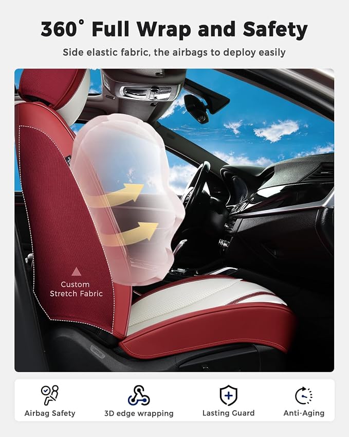Huidasource Red White Front Seat Cover, Luxury Faux Leather Front Car Seat Cover Front Seats, Compatible with Airbags, Cooling＆Heating, Universal Fit for Most Cars, Vans, Trucks, SUVs, Red＆White - Image 3