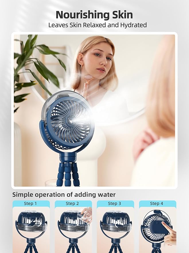 Misting Stroller Fan, 6000mAh Battery Operated Portable Fan with Light & 360° Pivoting, Personal Cooling Fans with Flexible Tripod for Baby, Office, Travel,Treadmill,Outdoors (Dark Blue) - Image 7