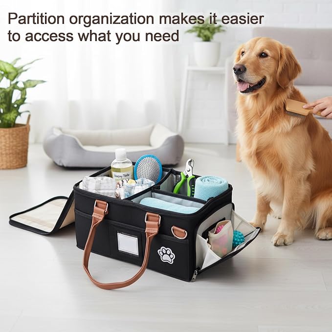 Felt Dog Grooming Bag,Portable Tote Bag for Dogs Cats,Dog Storage Organizer for Grooming Tool Kit,3 Compartments Pet Stuff Oganizers with 8 Pockets-Black - Image 3