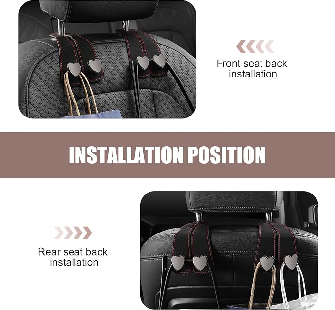 2 PCS Car Seat Headrest Hook, Car Hooks for Headrest, Storage Double Heart Shape Hooks, Suede Foldable Soft Hook Organizer, Universal for Cars (Black) - Image 7