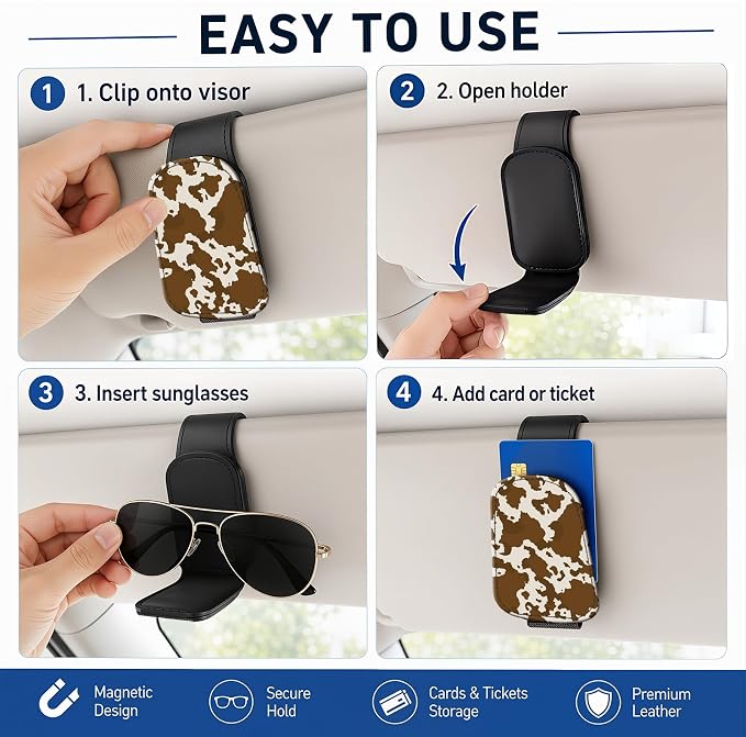 Leather Magnetic Sunglass Holder for Car Sun Visor, Cute Eyeglass Ticket Card Hanger Clip, Universal Auto Interior Accessories for SUV Pickup Truck, Cow Pattern - Image 5