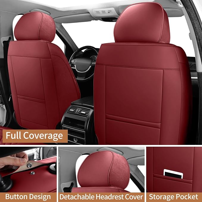 Leather Front Car Seat Covers Automotive Seat Protectors | Breathable Waterproof Durable Full Surround & Lumbar Support Design Non-Slip Universal Fit for Most Cars SUVs Trucks Vans Red - Image 5