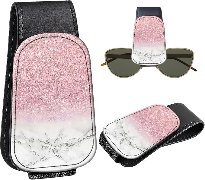 Leather Magnetic Sunglass Holder for Car Sun Visor, Cute Eyeglass Ticket Card Hanger Clip, Universal Auto Interior Accessories for SUV Pickup Truck, Pink Marble by Unknown