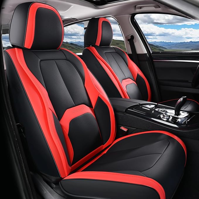 Coverado Seat Covers, Car Seat Covers Front Seats, 2 Pack Black and Red Leather Seat Covers, Waterproof Car Seat Protector with Lumbar Support, Front Seat Covers Universal Fit for Most Cars by COVERADOAUTO