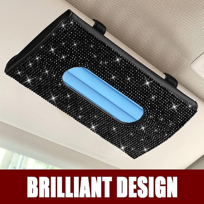 Bling Car Sun Visor Tissue Box Holder, Car Visor Tissue Holder, PU Leather with Bling Crystal Rhinestones Tissue Holder, Backseat Paper Towel Cover Case Auto Accessories for Women (Black) - Image 6