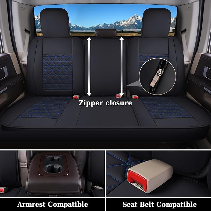 Coverado Car Seat Covers Full Set, Leather RAM 1500 Seat Covers Protectors Compatible with 2002-2026 Dodge RAM 1500 2500 3500 Crew Double Mega Quad Cab with Flat Bench, Black&Blue line - Image 4