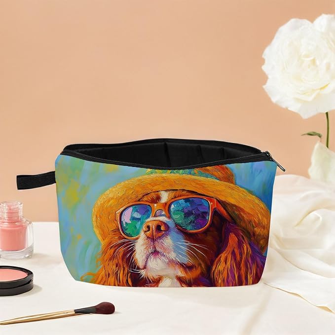 Cavalier King Charles Spaniel Makeup Bag Vintage Oil Painting Style Adorable Dog with Straw Hat & Sunglasses Artistic Cosmetic Pouch for Dog Lovers Gift for Pet Enthusiasts - Image 5