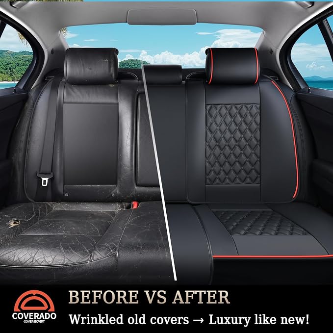 Coverado Rear Seat Covers, Sporty Non-Slip Waterproof Faux Leather Rear Protectors for Trucks SUVs, Mens Automotive Interior, Racing Style – Redline - Image 2