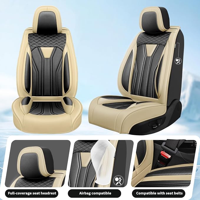 Fit Frontier Car Seat Covers Premium Leather for Nissan Frontier 2009-2025 2026. Waterproof， Breathable, Scratch-Resistant & All-Weather Seat Cushion Protector（Front Seat,Beige&Black - Image 2