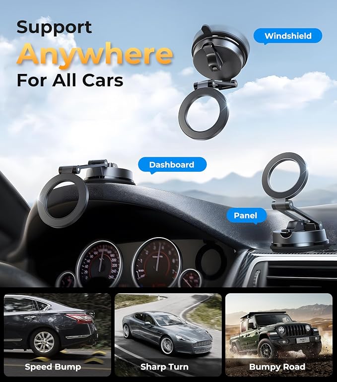 【Vacuum Suction Folding Car Mount】Magnetic Car Phone Holder for magsafe, Aerospace Alloy Arm, Best Dashboard/Windshield/Screen Holder for Your Car/Tesla/Gym/Mirror/Shower/Smooth Surface/iPhone - Image 2