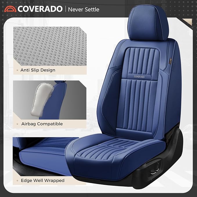 Coverado Car Seat Covers Full Set, Seat Covers for Cars, Car Seat Cover, Car Seat Protector, Leather Car Seat Cushion, Waterproof Car Seat Covers Front Seats and Back Fit for Most Cars(Blue) - Image 6
