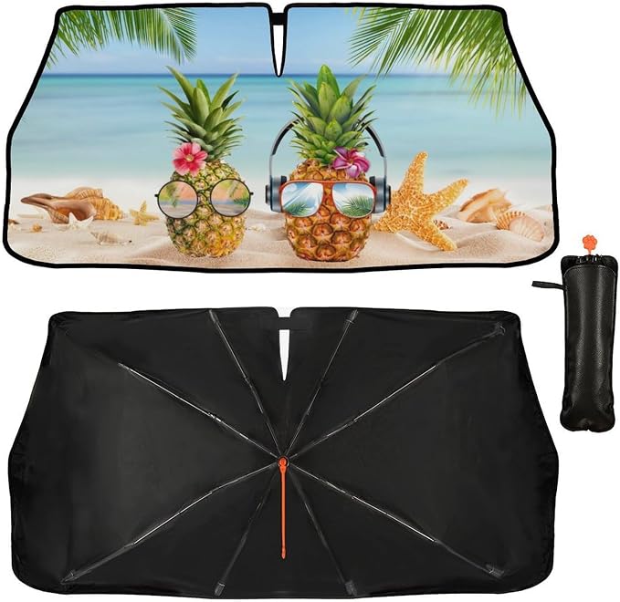 CHILL·TEK Funny Car Windshield Sun Shade Umbrella, Hawaiian Pineapple Car Sun Shade Umbrella, Block UV Rays Heat Foldable Windshield Umbrella Sun Visor Protector - Keep Vehicle Cool for Cars SUV - Image 2