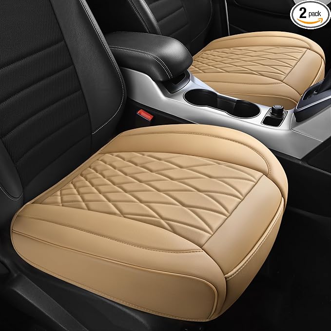 CAR PASS 2 Pack Leather Front Car Seat Covers, Bottom Seat Covers Full Wrapped with Storage Pocket, Anti-Slip Leather Seat Protectors,Waterproof Seat Cushion Universal Fit Sedan SUV Truck, Light Beige by CARPASS