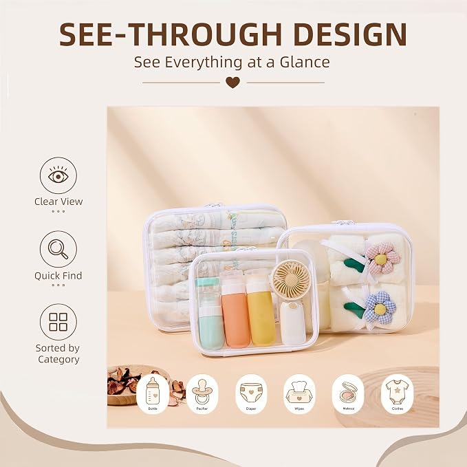 Clear Hard Shell Diaper Bag Organizer Pouches | 1.3mm Crushproof Storage Zipper Case for Daycare, Travel Gear Bags for Snacks, Pacifiers, Wipes, Clothes, Makeup & Toiletries - Image 2