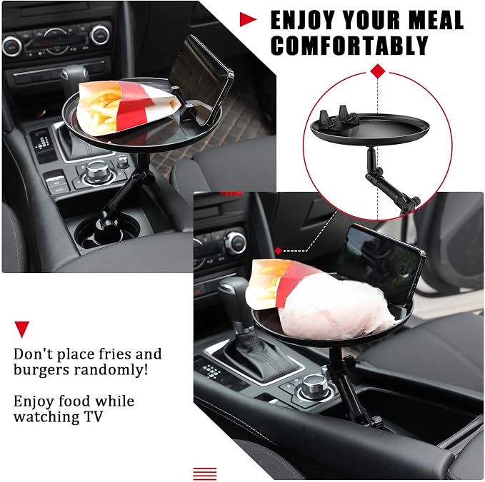 Frienda Car Cup Holder Tray, Eating Table with Phone Slot, 360 Swivel | Universal Fit Vehicle Boats Golf Carts, Adjustable Height Angle, Lap Dining Surface Adults Drivers, Durable Black Finish - Image 4