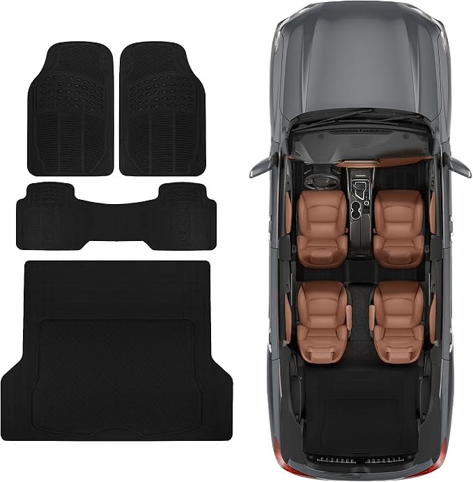 BDK Proliner All Weather Rubber Auto Floor Mats and Trunk Cargo Liner - Trim to FIt Front & Rear Heavy Duty Set Fit for Car SUV Van and Truck, 4 Piece, Black - Image 2