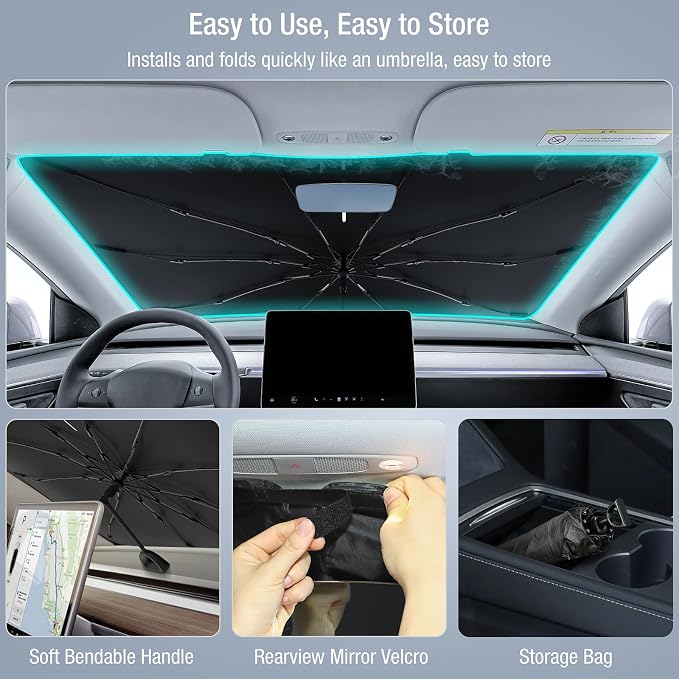 INSAUTO Custom Fit Windshield Sun Shade Umbrella for Toyota Tundra 2022-2026, Easy Fold & Store, Comes with Bag, UV & Heat Reflective, Keeps Your Car Cool - Image 4
