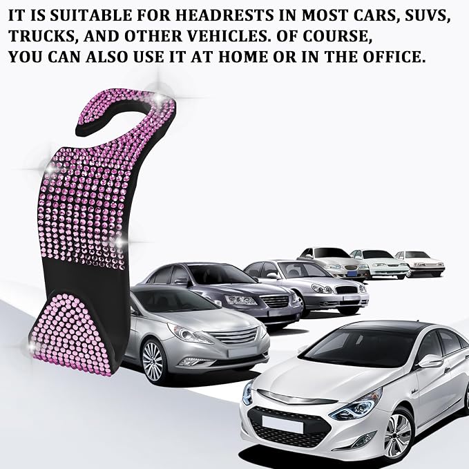 Bling Car Seat Headrest Hooks Pink Car Accessories for Women Crystal Rhinestone Auto Seat Back Hanger Storage Organizer for Purse Handbag Coat Grocery Bag, Universal Purse Hook for SUV Truck-2PCS - Image 6
