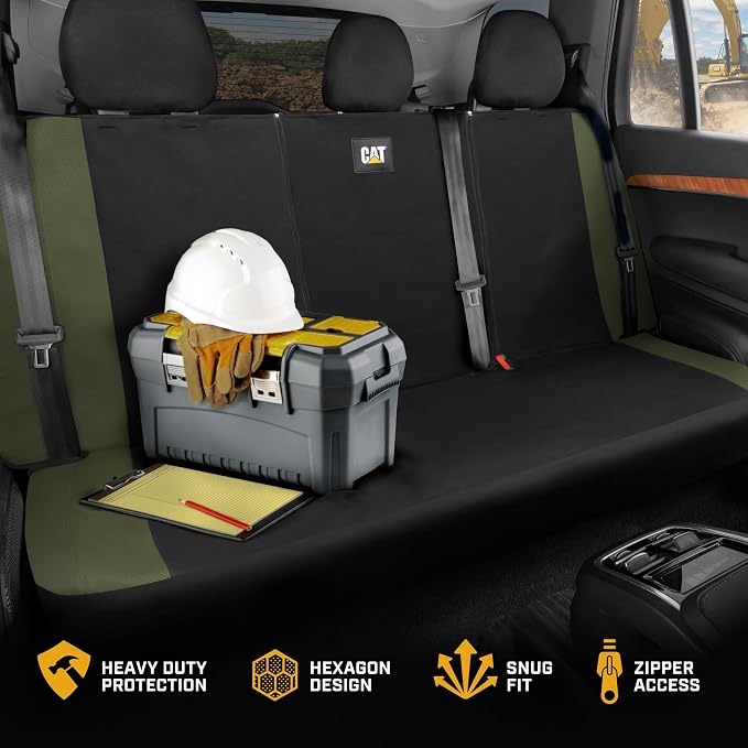 CAT Flexfit Green Rear Seat Cover for Cars, SUVs & Mid-Size Pickup Trucks - Durable 60/40 Split Rear Bench Seat Protector, Back Seat Cover, Interior Auto Accessory, Not for Full-Size Pickup Trucks - Image 3