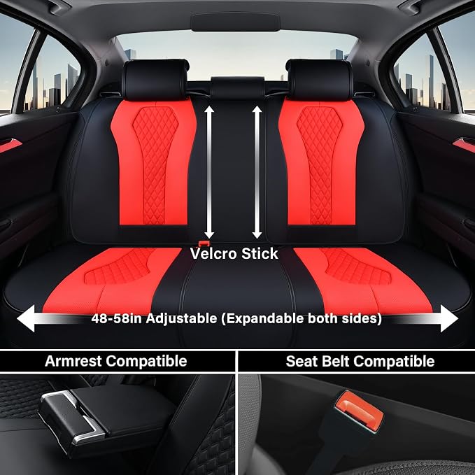 Coverado Car Seat Covers, Seat Covers Full Set, Red Car Seat Cover, Auto Seat Covers Front Seats Rear Seat Cover, Luxury Car Seat Cushion,Leather Seat Cover Seat Protector Universal Fit Most Cars - Image 4