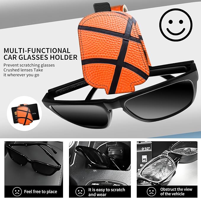 Leather Magnetic Sunglass Holder for Car Sun Visor, Cute Eyeglass Ticket Card Hanger Clip, Universal Auto Interior Accessories for SUV Pickup Truck Basketball Texture - Image 2