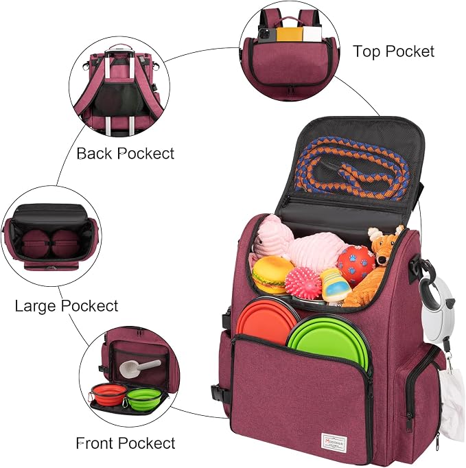 Modoker Multi-Compartment Dog Travel Backpack for Pet Supplies, Rose Red | Dog Travel Accessories Organizer with 2 Food Bags, 2 Bowls, Quick-Access Pockets, Tissue Opening, Luggage Sleeve, Feeding Mat - Image 3