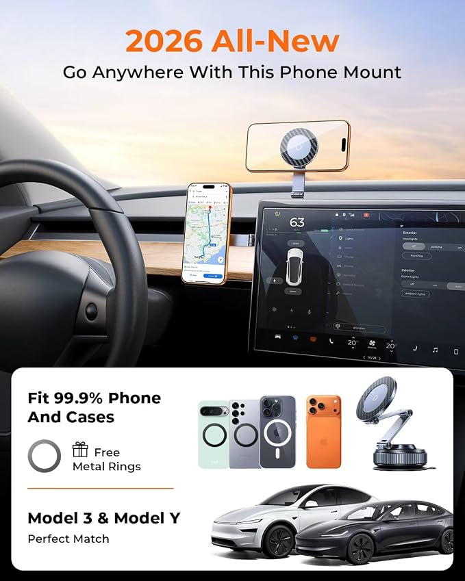 Vacuum Magnetic Car Phone Holder for Magsafe, Long Arm for Tesla Model Y/3 | All Metal, Nano Gel 119+LBS Max Suction,Foldable Hidden Tesla Phone Mount,360°Rotation,Easiest Car Mount for iPhone & Android - Image 7