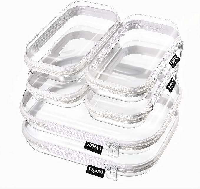 YQBRAO Clear Hard Shell Zipper Cases, 6 Travel Organizers, 2M 4S, White | Rigid clear shells in two practical sizes separate toiletries, skincare, cosmetics, chargers and frequently used accessories by Unknown