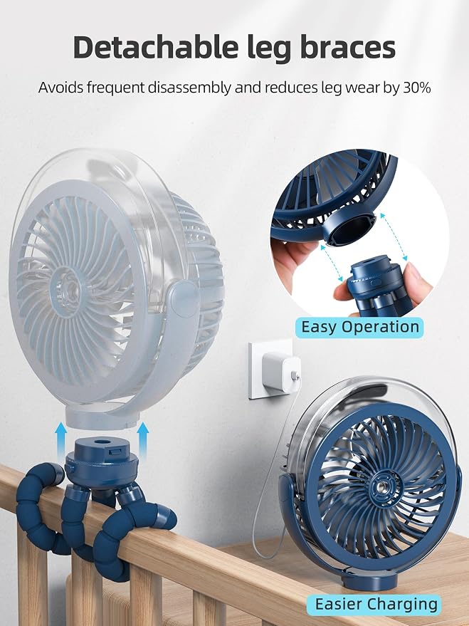 Misting Stroller Fan, 6000mAh Battery Operated Portable Fan with Light & 360° Pivoting, Personal Cooling Fans with Flexible Tripod for Baby, Office, Travel,Treadmill,Outdoors (Dark Blue) - Image 4