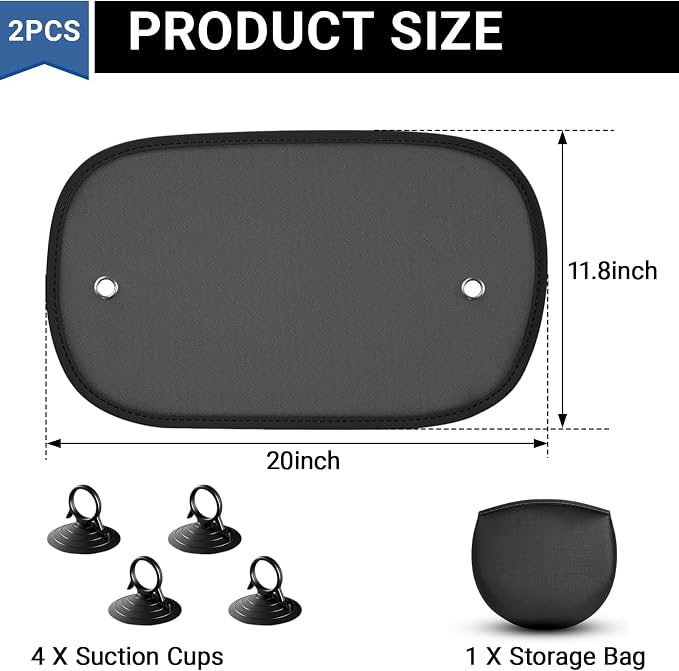 2 Pack Car Sun Shade, Universal UV Protection Sunshade for Side Windows for Side Window Sun Glare and UV Protection for Kids/Adults/Pets, Cars Suction Cup Sunshade, 20''x12'' Fits 98% Cars - Image 2