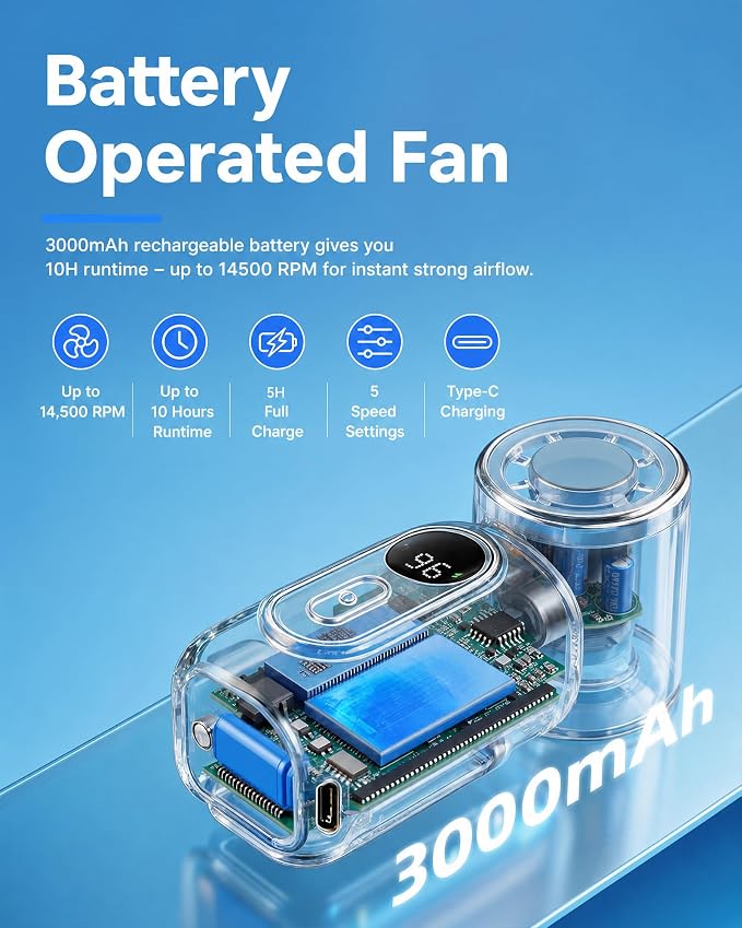 Mini Clip on Fan Handheld, 3000mAh Rechargeable Portable Fan with LED Display, 3-in-1 Personal Cooling Fan, 2 Speeds Quiet USB C Fan for Stroller Desk Travel Camping Office for Women Men Kids, White - Image 8