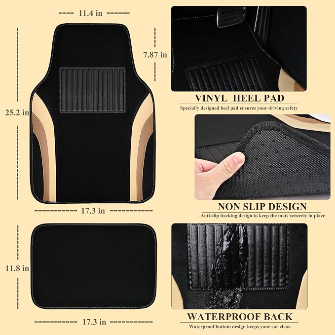 CAR PASS Beige Leather Car Floor Mats, Sporty Waterproof Car Carpet,Universal Automotive Floor Mats Fit for Sedans, Cars, Mid Trucks, Vans, SUV, Set of 4 (Black and Beige) - Image 3