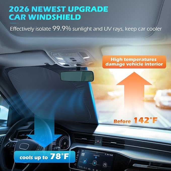 FLORICH Car Windshield Sunshade Reflective Car Sun Protection Blocks 99% Heat & Keeps Interior Cool Foldable Sun Visor Cover Universal Fits Cars, SUVs, Trucks Accessories for Summer 59"x33" - Image 2