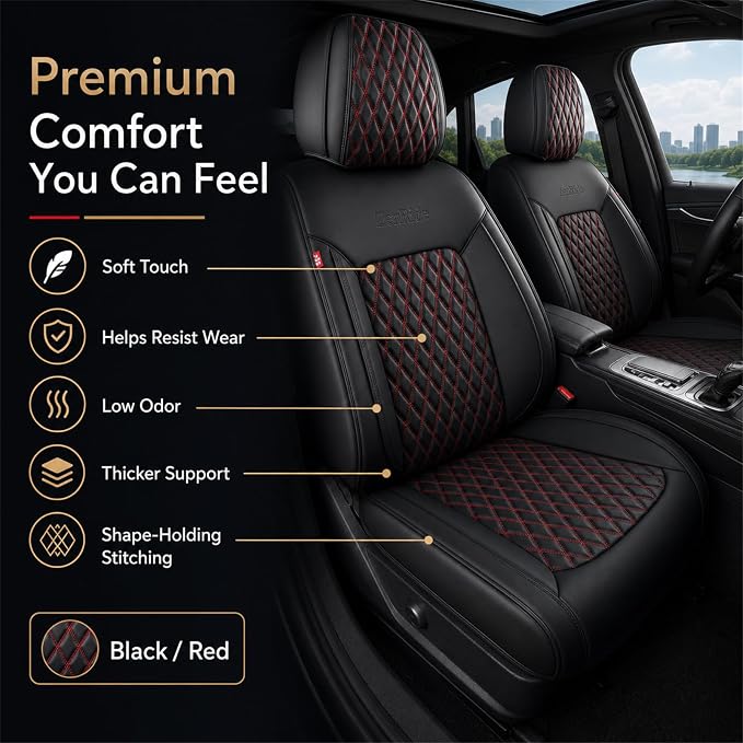 Red and Black Thick Nappa Leather Automotive Car Seat Covers Full Set | Univerasal Fit,3D Contoured,Waterproof,ThickTexture Nappa Leather,for most Suvs Trucks Sedans - Image 2