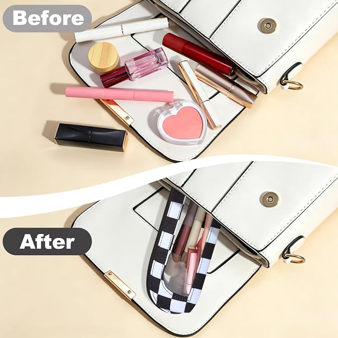 DOB SECHS Small Clear Makeup Bag for Purse Mini Checkered Brush Pouch for Travel Nylon Travel Cosmetic Organizer Pouches Holder Pencil Bag with Zipper Double Sided Clear Make-up Bags - Image 4